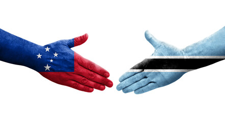 Handshake between Botswana and Samoa flags painted on hands, isolated transparent image.