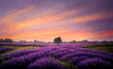Naklejka na ściany i meble Beautiful purple lavender field at sunset. Painting effect.