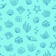 Seamless marine pattern with outline seashells, water plants, corals and bubbles on light blue background. Print for wrapping paper, fabric, web design. Vector flat design illustration