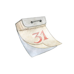 Watercolor illustration of a tear-off wall calendar, The last page of a calendar. December 31st