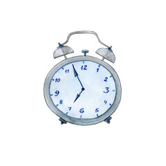 Watercolor illustration of an alarm clock, hand-painted.