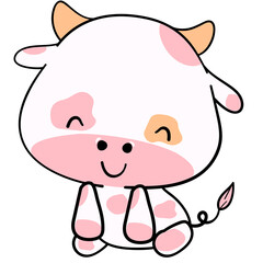 Cute doodle pink cow poses baby shower with nursery cow face smiling, wink one eye, close eye