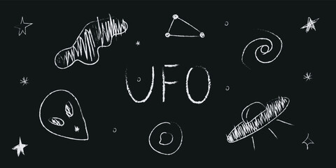 Doodle cosmos illustration set in childish style, design clipart. Hand drawn abstract space elements with lettering. Black and white.