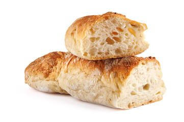 Cut in half Swabian baguette isolated on white background.