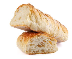 Cut in half Swabian baguette isolated on white background.