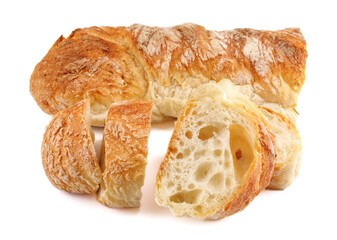 Sliced Swabian baguette isolated on white background. Fresh baguette.