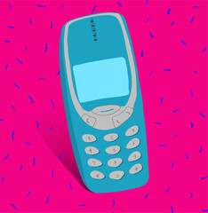 Fully editable hand drawn vector graphic of Nokia 3310 mobile phone stylized for 80's od 90's - vintage, retro image.