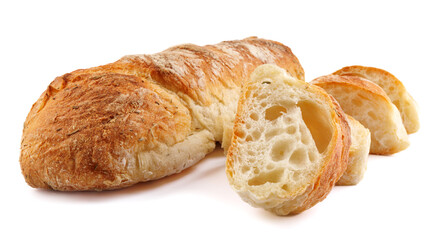 Sliced Swabian baguette isolated on white background. Fresh baguette.