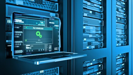Downloading Files Download Failed Warning Error Alert Text on Computer Screen Entering Login And Password on server racks data center room Internet. concept of Security Audit, Virus Scanning, Cleaning - Powered by Adobe