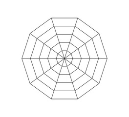 Decagonal radar or spider diagram template. Decagon graph. Flat spider mesh. Blank ten sided radar chart. Kiviat diagram for statistic and analitic. Vector illustration isolated on white background.