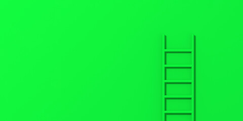 Green staircase on green background. Staircase stands vertically near wall. Way to success concept. Banner for insertion into site. Place for text cope space. 3d image. 3D rendering.