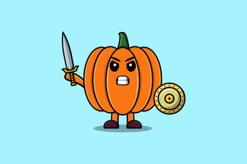 Cute cartoon character Pumpkin holding sword and shield in modern style design