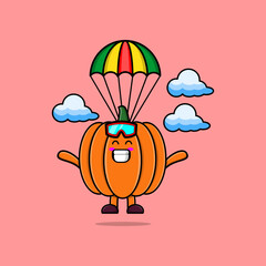 Cute mascot cartoon Pumpkin is skydiving with parachute and happy gesture illustration