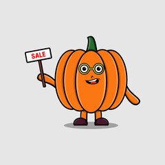 Cute cartoon Pumpkin character holding sale sign designs in concept flat cartoon style