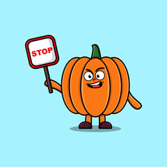 Cute Cartoon mascot illustration Pumpkin with stop sign board vector drawing   