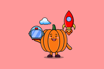 Cute mascot cartoon character Pumpkin as astronaut with rocket, helm, and cloud in cute style 