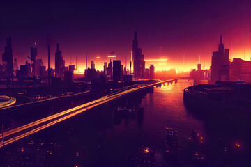 Futuristic city with skyscrapers, traffic light, neon lights, utopistic cyberpunk dark mood