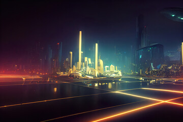 Fototapeta na wymiar Futuristic city with skyscrapers, traffic light, neon lights, utopistic cyberpunk dark mood