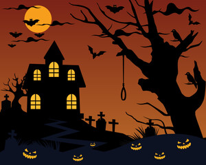 Fototapeta na wymiar Haunted house at full moon night. Happy Halloween pumpkin design on moon background, vector illustrations.