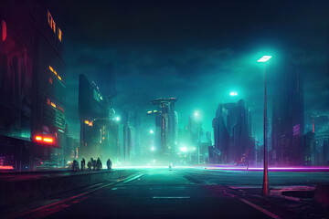 Futuristic city with skyscrapers, traffic light, neon lights, utopistic cyberpunk dark mood - obrazy, fototapety, plakaty