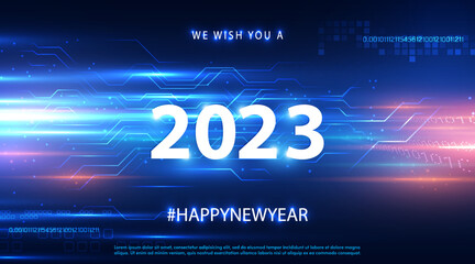 2023 Happy New Year vector holiday in technology sci fi circuit design innovation concept vector background. White Numeral 2023 Hitech communication digital business. Hitech technology. Vector EPS10.