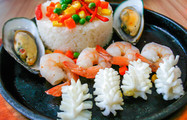 rice with seafood, food closeup