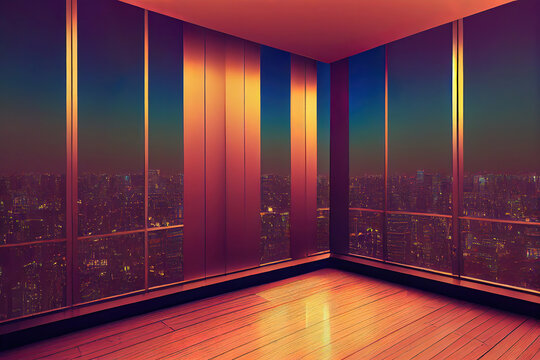 Luxury Loft Apartman Interior, Night City Life, Tokyo Skyscrapers, Metropolis Background