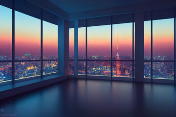 Fototapeta na wymiar Luxury loft apartman interior, night city life, tokyo skyscrapers, metropolis background