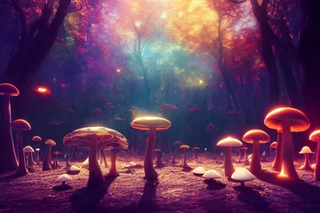Foto op Plexiglas Psilocybin mushrooms in a forest, with colorful lights, hallucination concept © nastazia