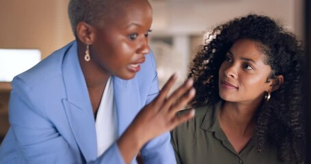 Feedback, black woman and manager coaching, explaining or training at startup business desk. Women planning, instructions and corporate leadership at marketing or advertising company with girl boss.