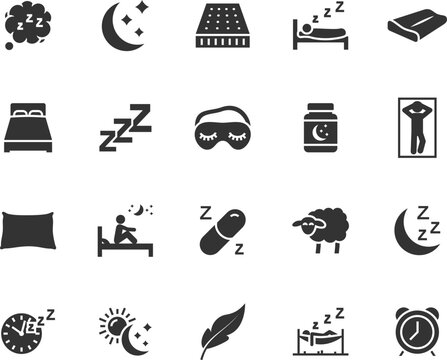 Vector set of sleep flat icons. Contains icons pillow, bed, insomnia, sleeping pills, sleep mask, mattress and more. Pixel perfect.