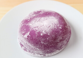 Closeup of Delectable Japanese Purple Sweet Potato Daifuku with Red Bean Paste Filling