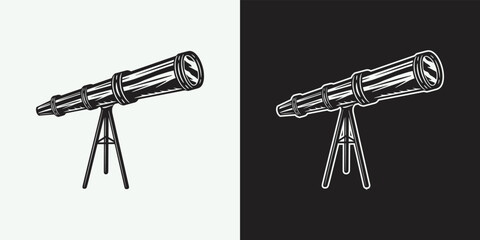 Vintage retro telescope. Can be used for logo, badge, label. mark, poster or print. Monochrome Graphic Art. Vector Illustration. Woodcut lincut old stylization.