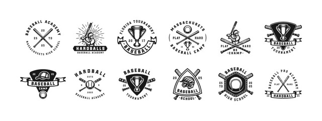 Set of vintage retro baseball game sport emblem, logo, badge, label. mark, poster or print. Monochrome Graphic Art. Vector Illustration. Engraving style.