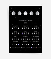 One page black moon calendar 2023 year card. Modern celestial lunar calendar 2023 poster template design. Lunar phases schedule concept. Vector illustration background. Astrology monthly calendar.	