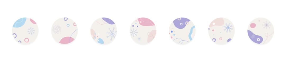 Winter social media highlights. Abstract modern rounded labels with snowflakes and Christmas colorful style. Winter seasonal social media decorative elements.