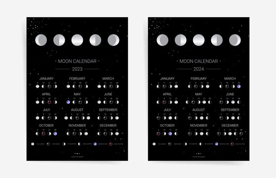 Set of one page moon calendars for 2023 and 2024 years. Black lunar calendar planner agenda templates. 