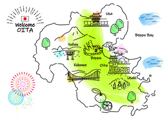 大分県の観光地のシンプル線画イラストマップ
