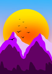 Fototapeta premium Sunset over mountains,with birds flying and blue sky in background illustration/digital art