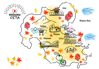 秋の大分県の観光地のシンプル線画イラストマップ