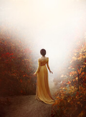mysterious silhouette fantasy woman walking in autumn foggy forest, back rear view. Girl walks...
