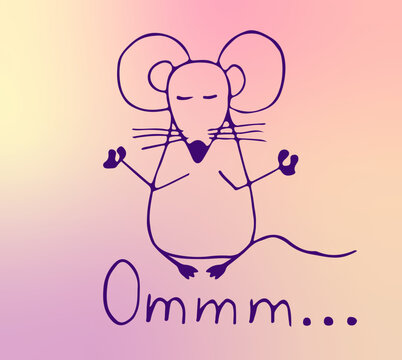 Yoga mouse meditation. Relaxation Mouse pink vector illustration. Animal balance and happy.