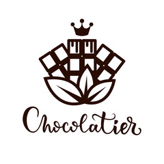 Vector tasty logo with chocolate bar. Chocolate with your own hands. Emblem for chocolatier, confectioner. Bean to bar chocolate.