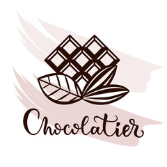 Vector tasty logo with chocolate bar. Chocolate with your own hands. Emblem for chocolatier, confectioner. Chocolate bar in the shape of a heart. Bean to bar chocolate.