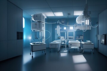Abstract scientific medical interior blurred background. Blue light. Medical research concept. Ai render.