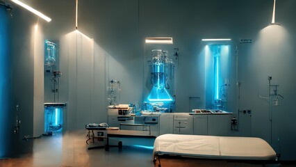 Abstract scientific medical interior blurred background. Blue light. Medical research concept. Ai render.