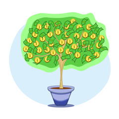 Money tree with dollar bills and gold coins. Metaphor for the growth of profit and wealth. Vector illustration on white background. Isolated element for design.
