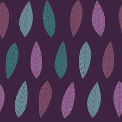 Vector seamless pattern with leaves  on dark background. Floral seamless pattern in scandinavian style. Natural fabric design in hand-drawn style. For textiles, wrapping paper, gift paper