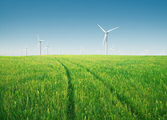 Fototapeta na wymiar Wind power plant and green meadow at day.