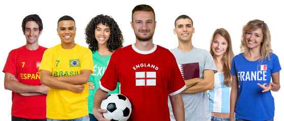 Soccer fan from England with supporters from Spain Brazil Mexico Qatar Argentina and France